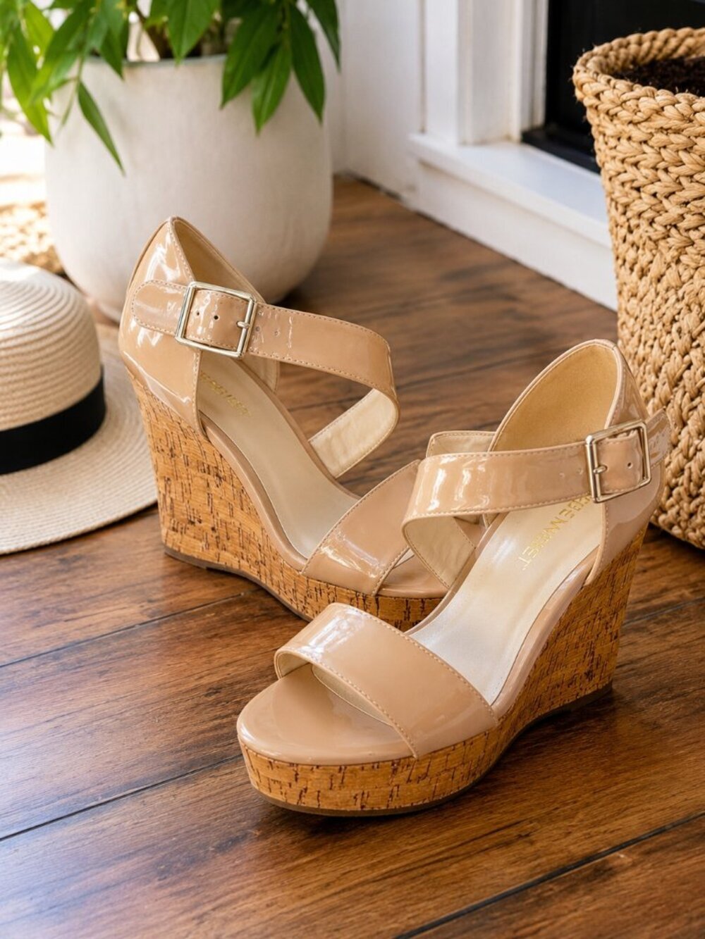 Nine West Florey Nude Patent Cork Platform Wedge Sandals - Size 8.5